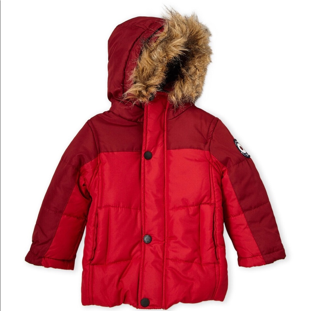 BRAND NWT BEN SHERMAN BOYS RED FAUX FUR HOOD COAT